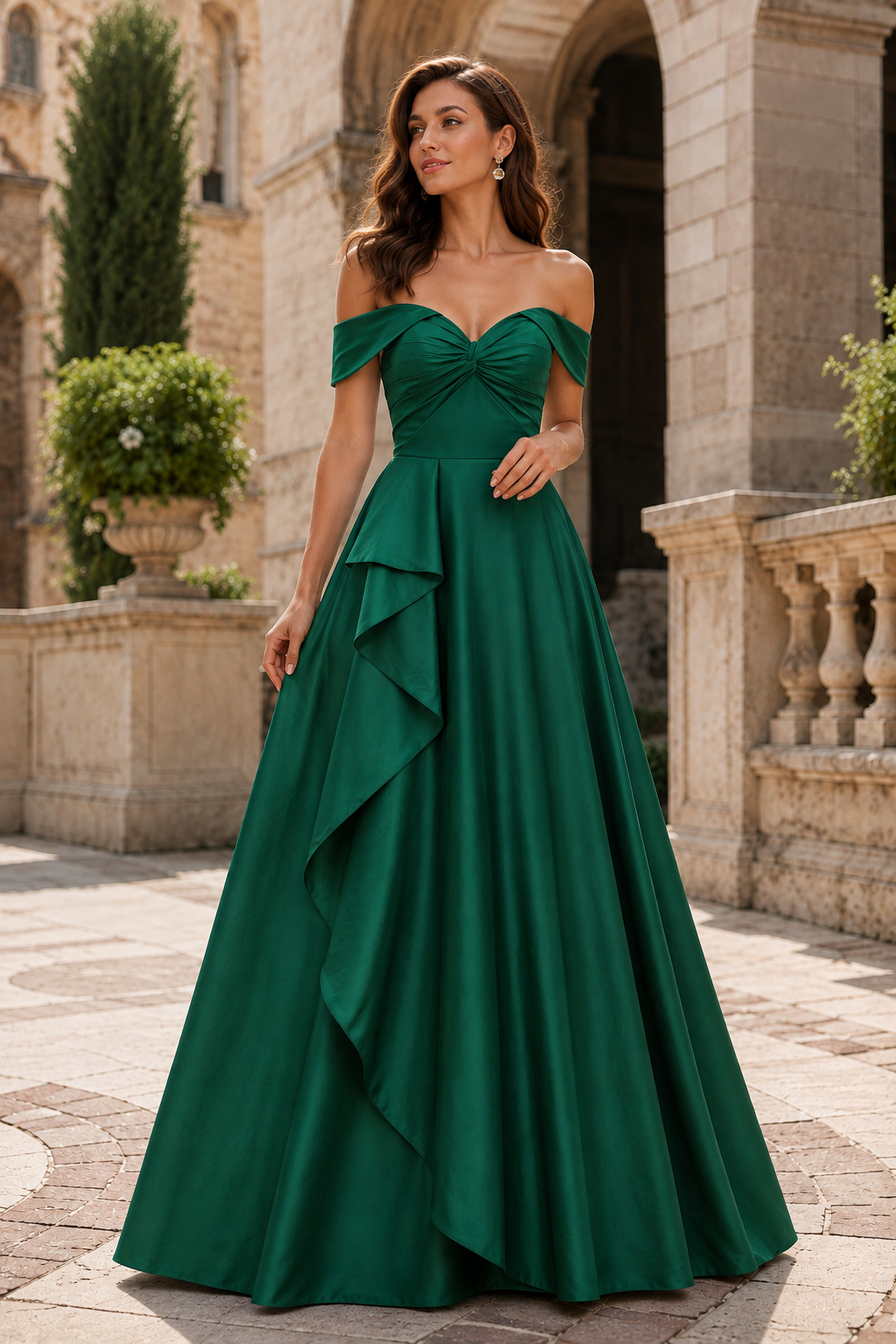 Jorvara Off-the-Shoulder Sweetheart Gown with Slit Prom Dress in Emerald Green - front view