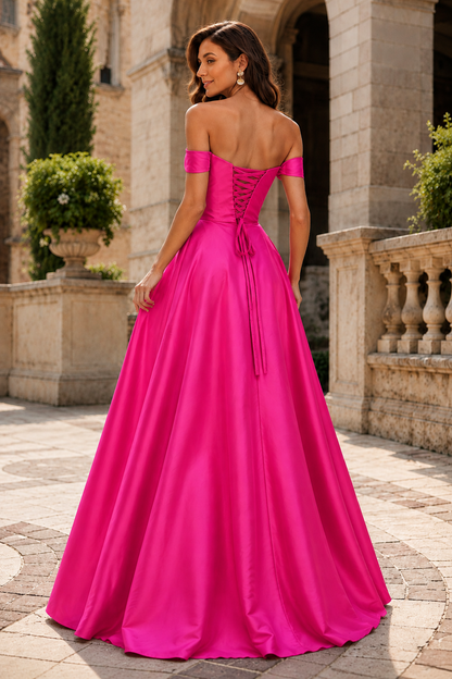 Jorvara Off-the-Shoulder Sweetheart Gown with Slit Prom Dress in Hot Pink - back view
