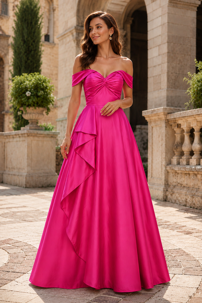 Jorvara Off-the-Shoulder Sweetheart Gown with Slit Prom Dress in Hot Pink - front view