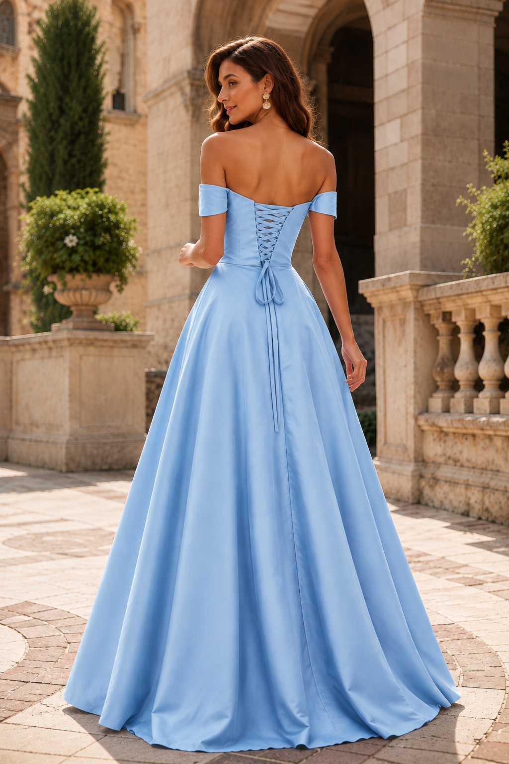Jorvara Off-the-Shoulder Sweetheart Gown with Slit Prom Dress in Light Blue - back view