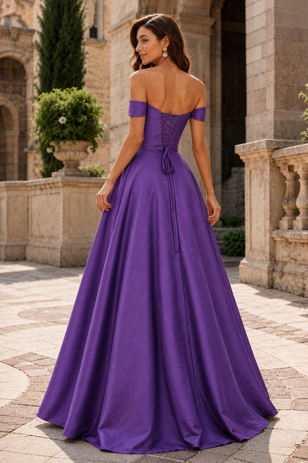 Jorvara Off-the-Shoulder Sweetheart Gown with Slit Prom Dress in Purple - back view