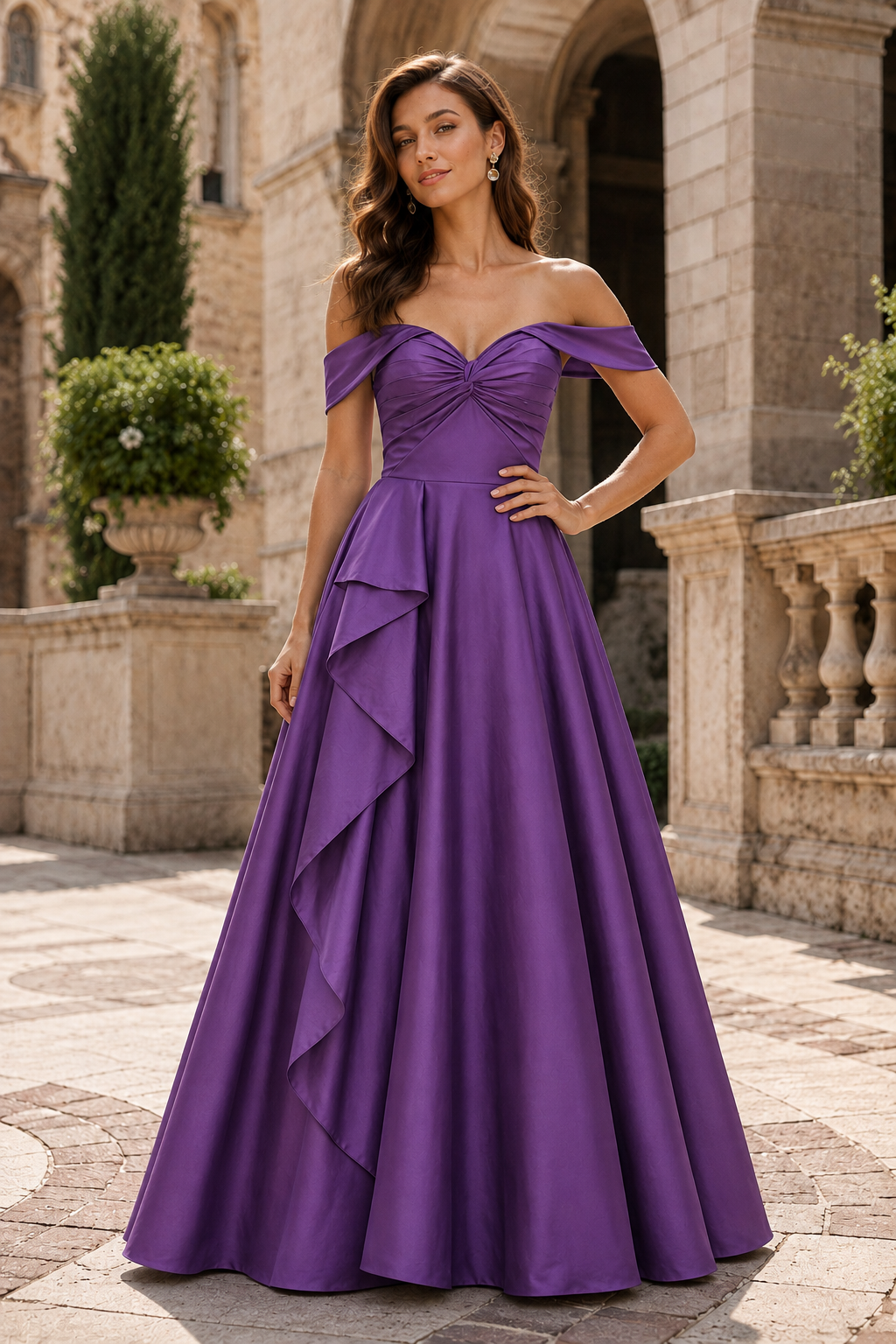 Jorvara Off-the-Shoulder Sweetheart Gown with Slit Prom Dress in Purple - front view