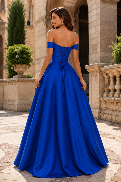 Jorvara Off-the-Shoulder Sweetheart Gown with Slit Prom Dress in Royal Blue - back view