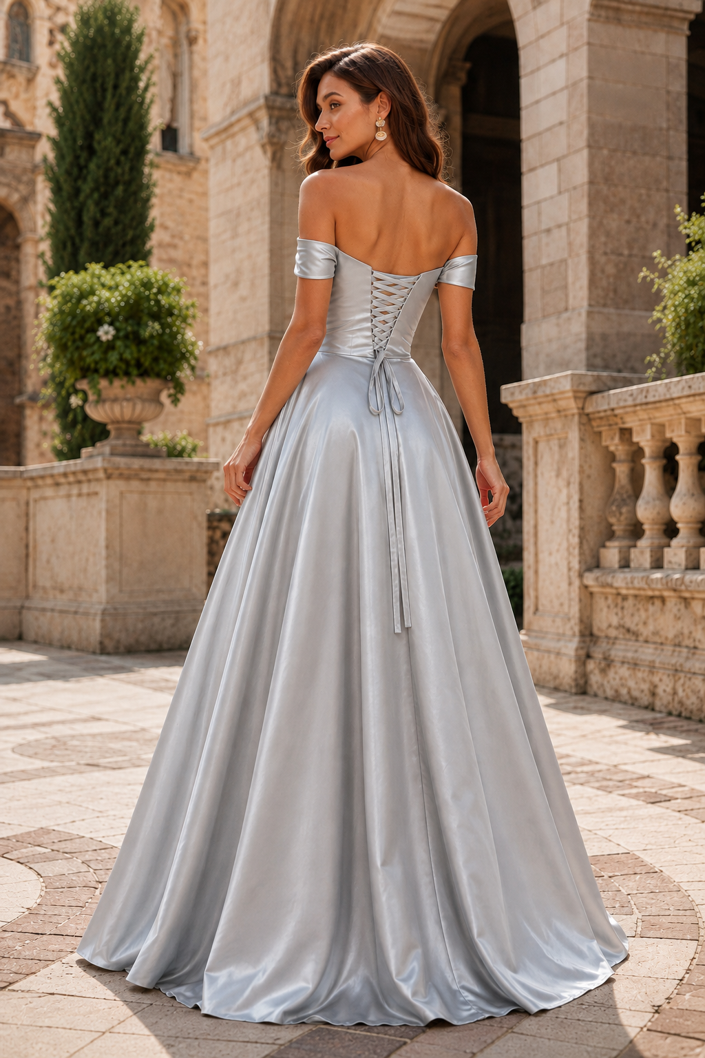 Jorvara Off-the-Shoulder Sweetheart Gown with Slit Prom Dress in Silver - back view