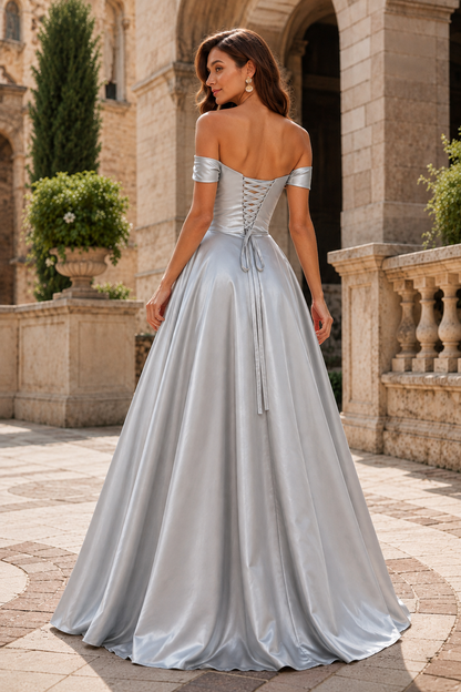 Jorvara Off-the-Shoulder Sweetheart Gown with Slit Prom Dress in Silver - back view