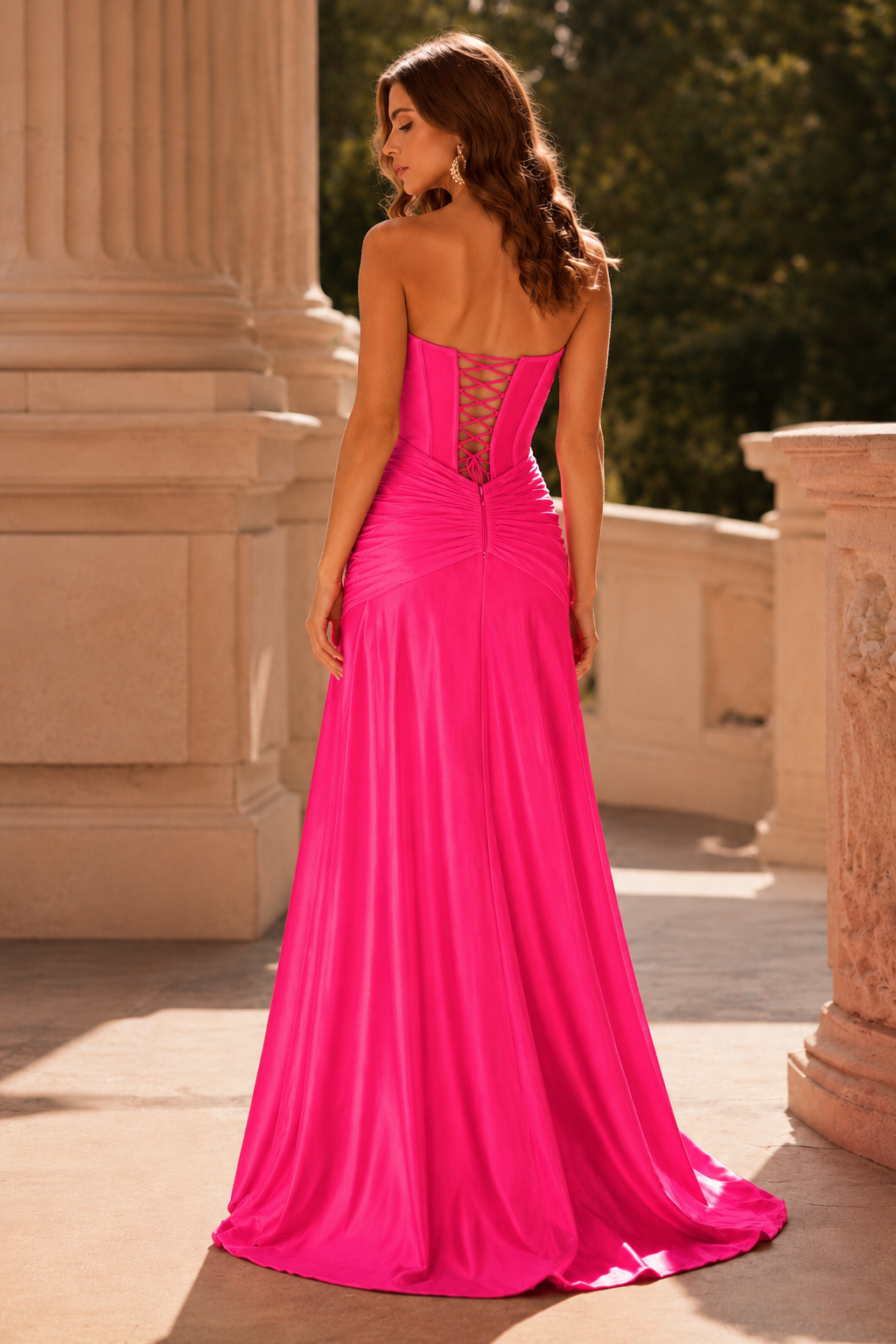 Jorbelle Strapless Fitted Gown with Slit Prom Dress in Hot Pink - front view