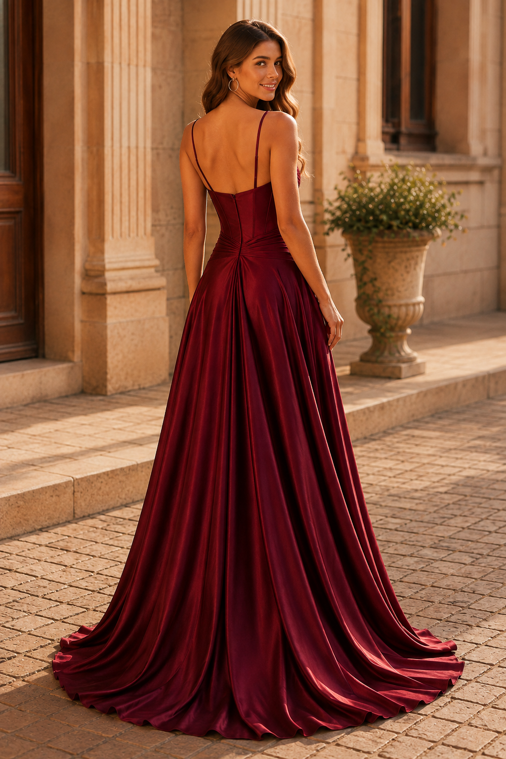 Jorbelle Strapless Fitted Gown with Slit Prom Dress in Burgundy - front view