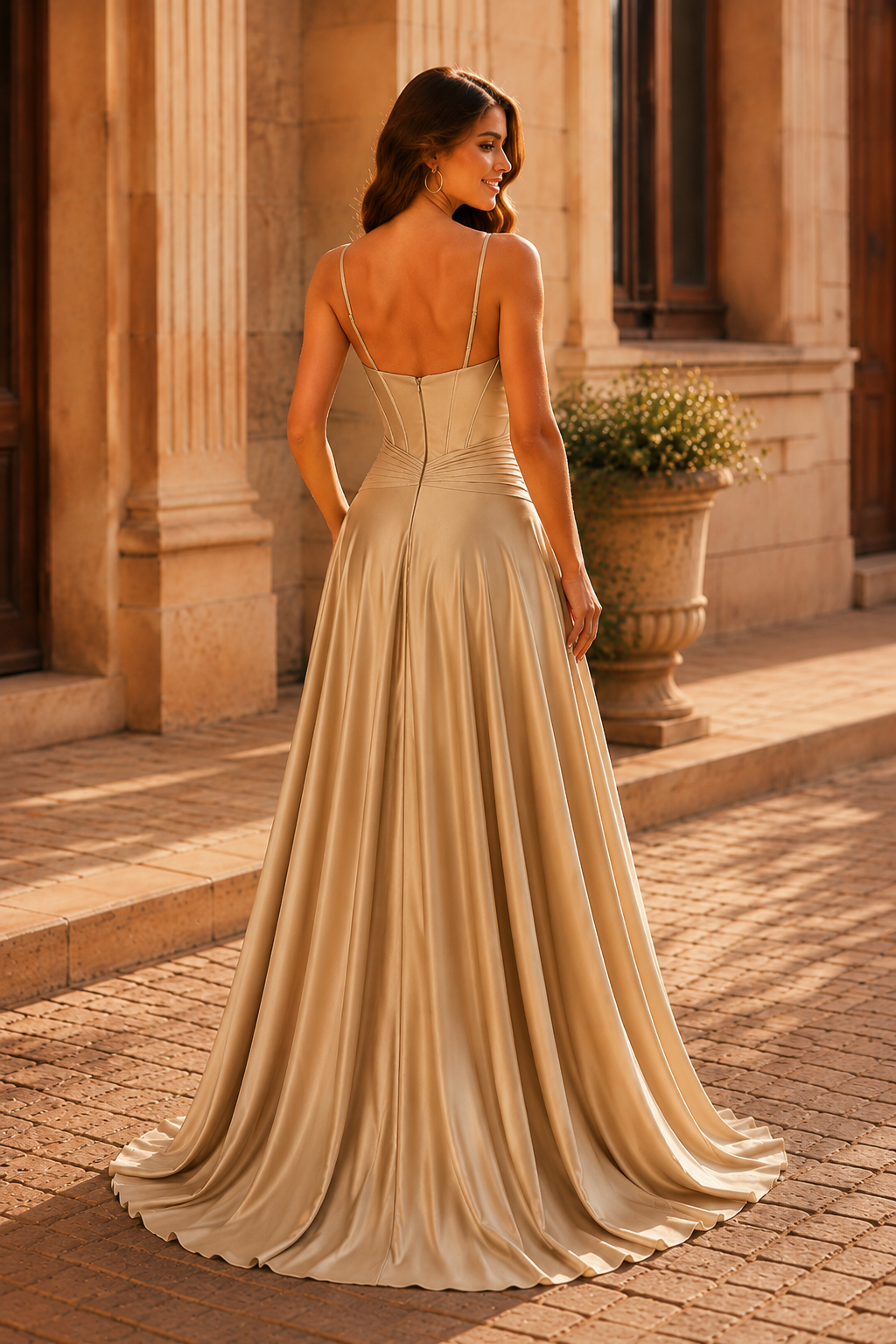 Jorbelle Strapless Fitted Gown with Slit Prom Dress in Champagne - front view