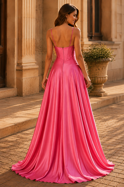 Jorbelle Strapless Fitted Gown with Slit Prom Dress in Hot Pink - front view