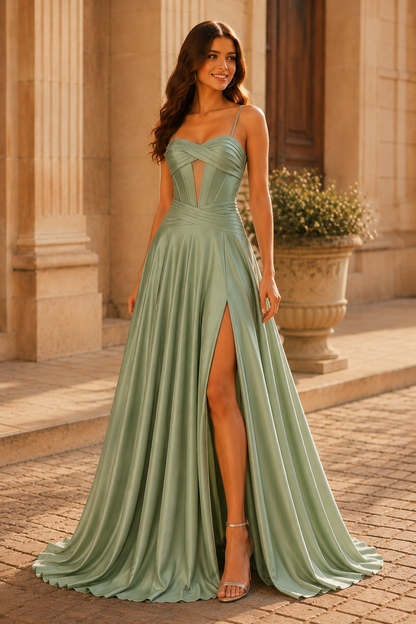 Jorbelle Strapless Fitted Gown with Slit Prom Dress in Sage Green - back view