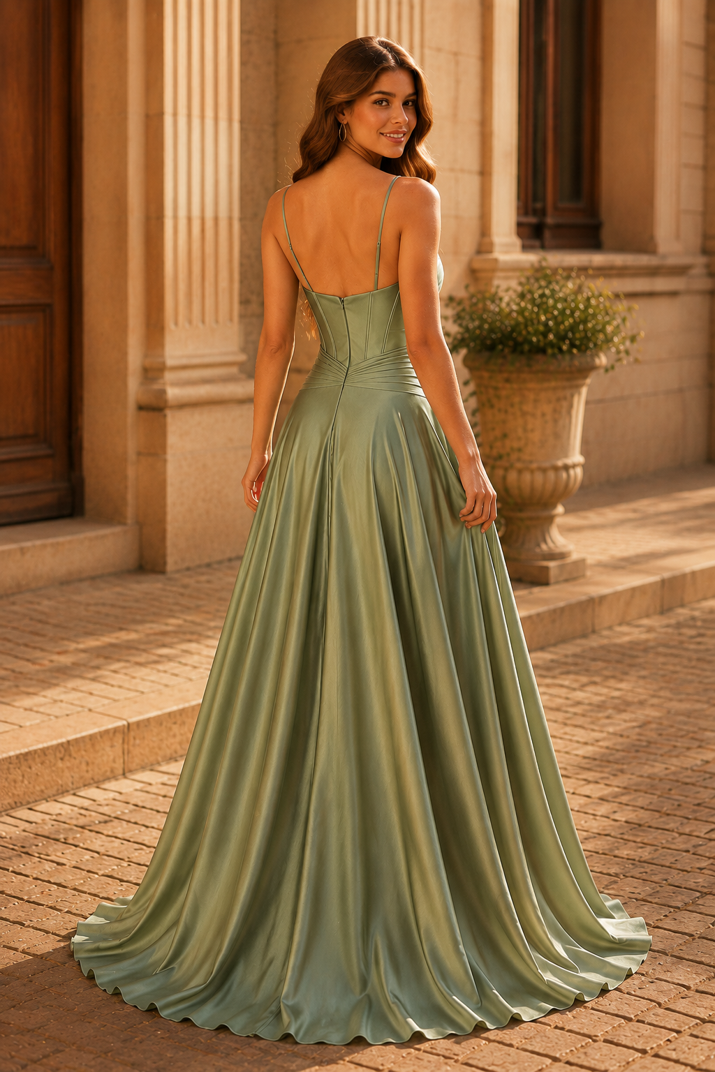 Jorbelle Strapless Fitted Gown with Slit Prom Dress in Sage Green - front view