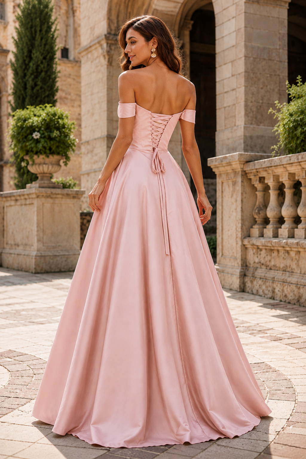 Jorselle Off-the-Shoulder Draped Ball Gown Prom Dress in Blush Pink - back view