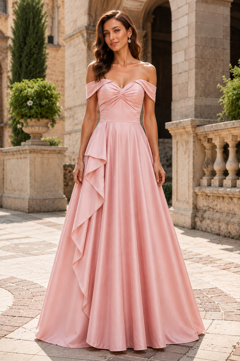 Jorselle Off-the-Shoulder Draped Ball Gown Prom Dress in Blush Pink - front view