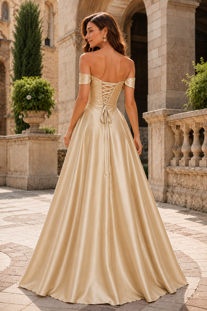 Jorselle Off-the-Shoulder Draped Ball Gown Prom Dress in Champagne - back view