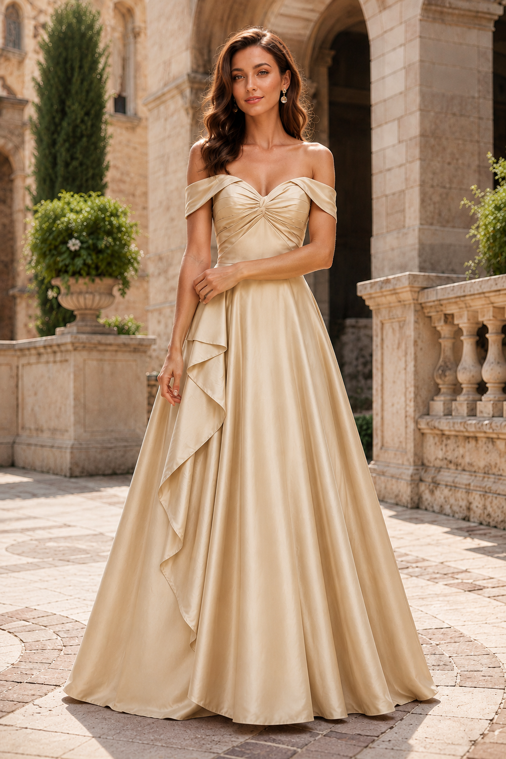 Jorselle Off-the-Shoulder Draped Ball Gown Prom Dress in Champagne - front view
