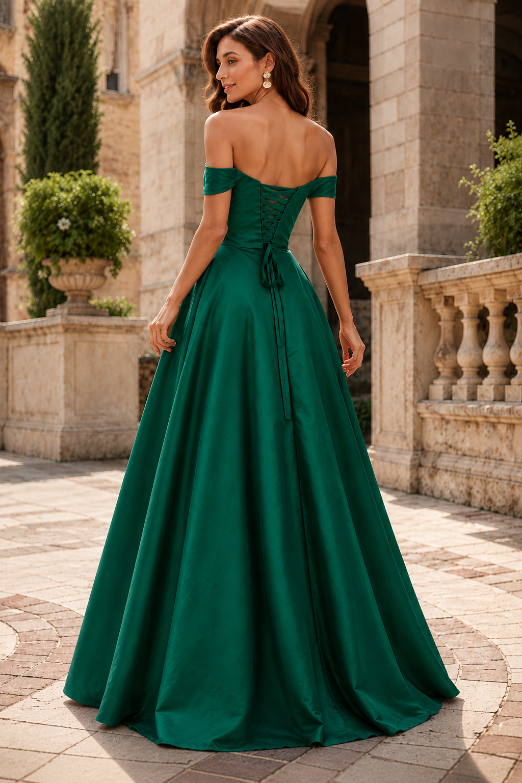 Jorselle Off-the-Shoulder Draped Ball Gown Prom Dress in Emerald Green - back view