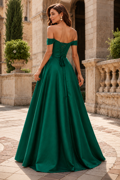 Jorselle Off-the-Shoulder Draped Ball Gown Prom Dress in Emerald Green - back view