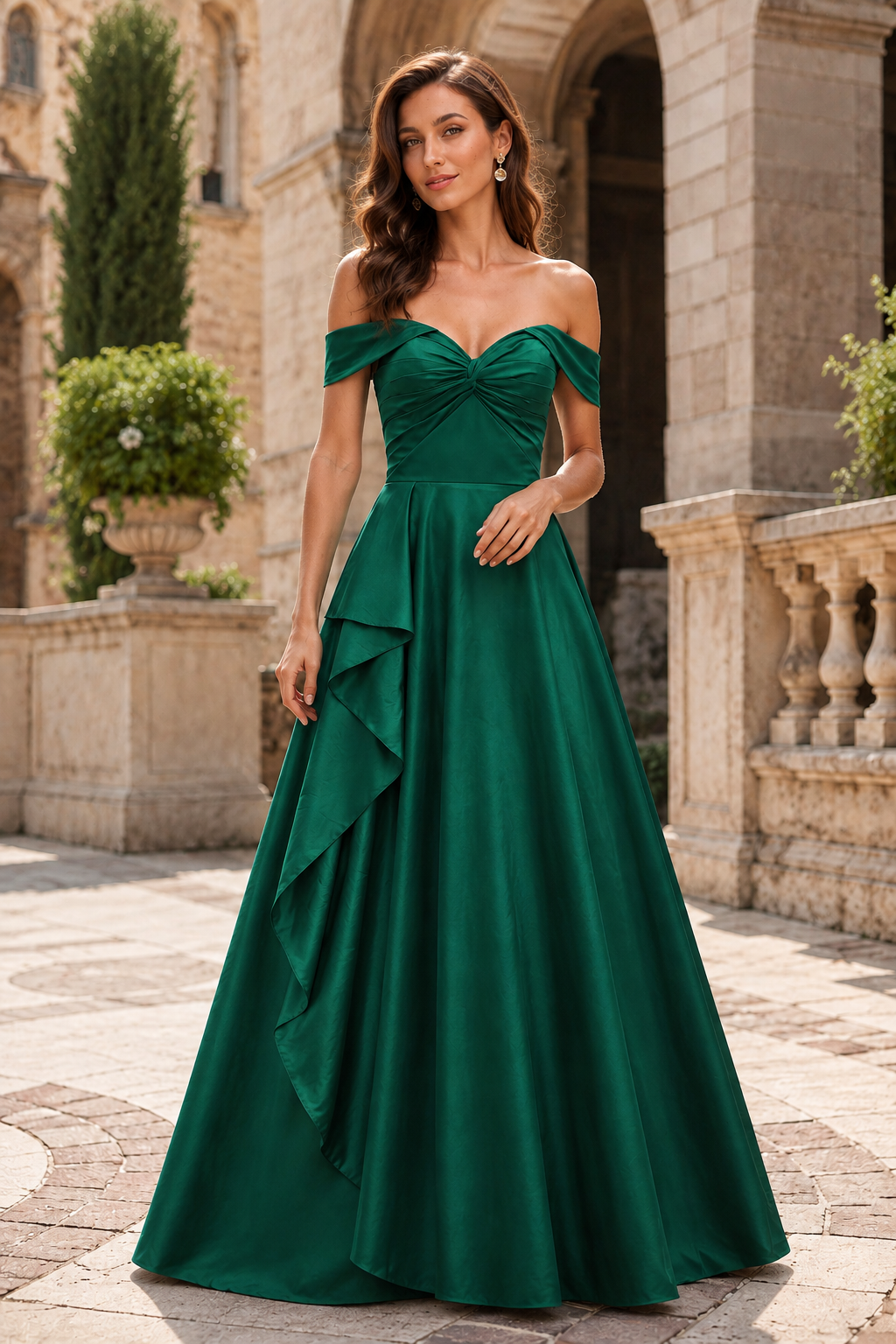 Jorselle Off-the-Shoulder Draped Ball Gown Prom Dress in Emerald Green - front view