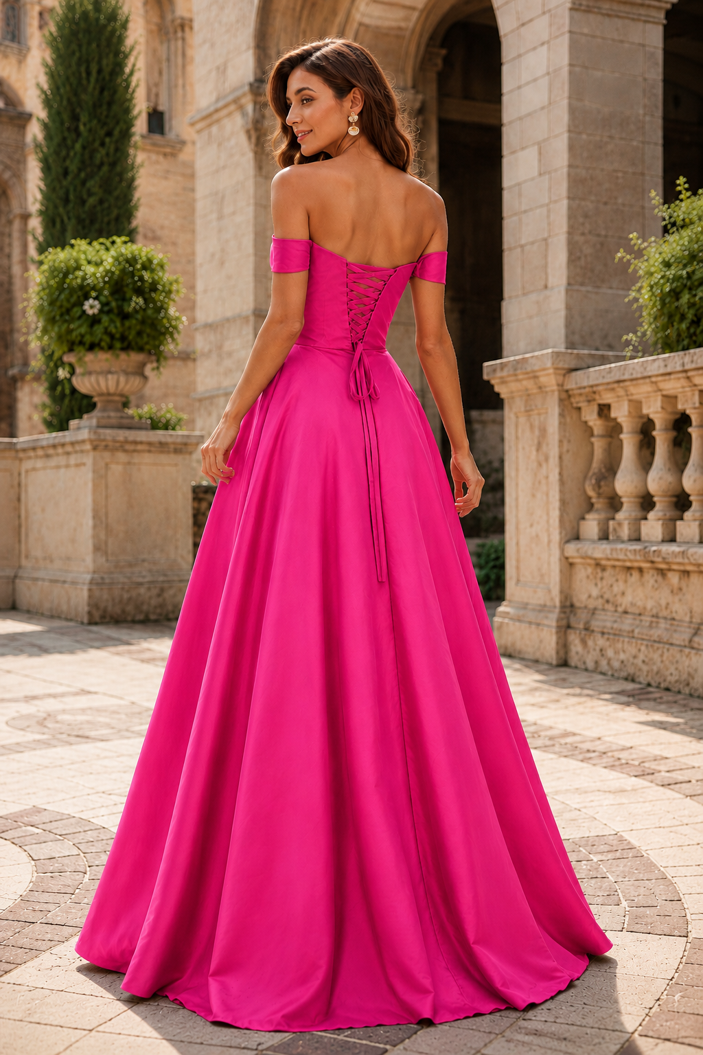 Jorselle Off-the-Shoulder Draped Ball Gown Prom Dress in Hot Pink - back view