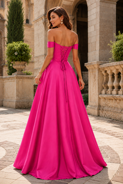 Jorselle Off-the-Shoulder Draped Ball Gown Prom Dress in Hot Pink - back view