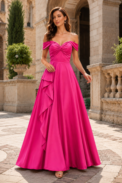 Jorselle Off-the-Shoulder Draped Ball Gown Prom Dress in Hot Pink - front view
