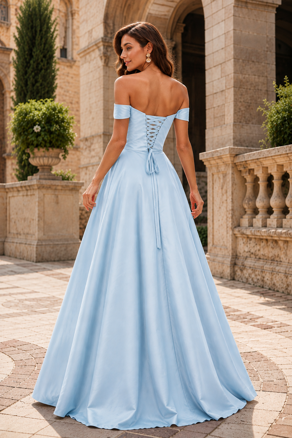 Jorselle Off-the-Shoulder Draped Ball Gown Prom Dress in Light Blue - back view