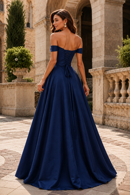 Jorselle Off-the-Shoulder Draped Ball Gown Prom Dress in Navy Blue - back view