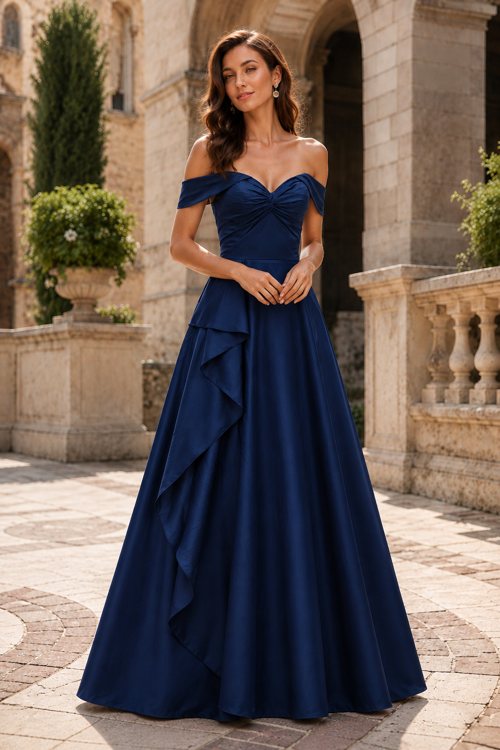 Jorselle Off-the-Shoulder Draped Ball Gown Prom Dress in Navy Blue - front view