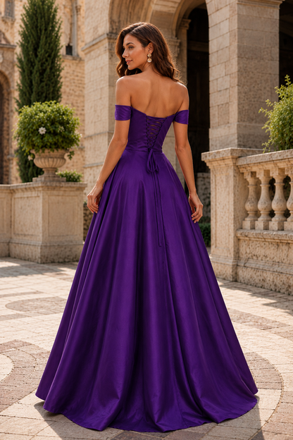Jorselle Off-the-Shoulder Draped Ball Gown Prom Dress in Purple - back view