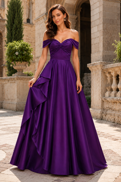 Jorselle Off-the-Shoulder Draped Ball Gown Prom Dress in Purple - front view