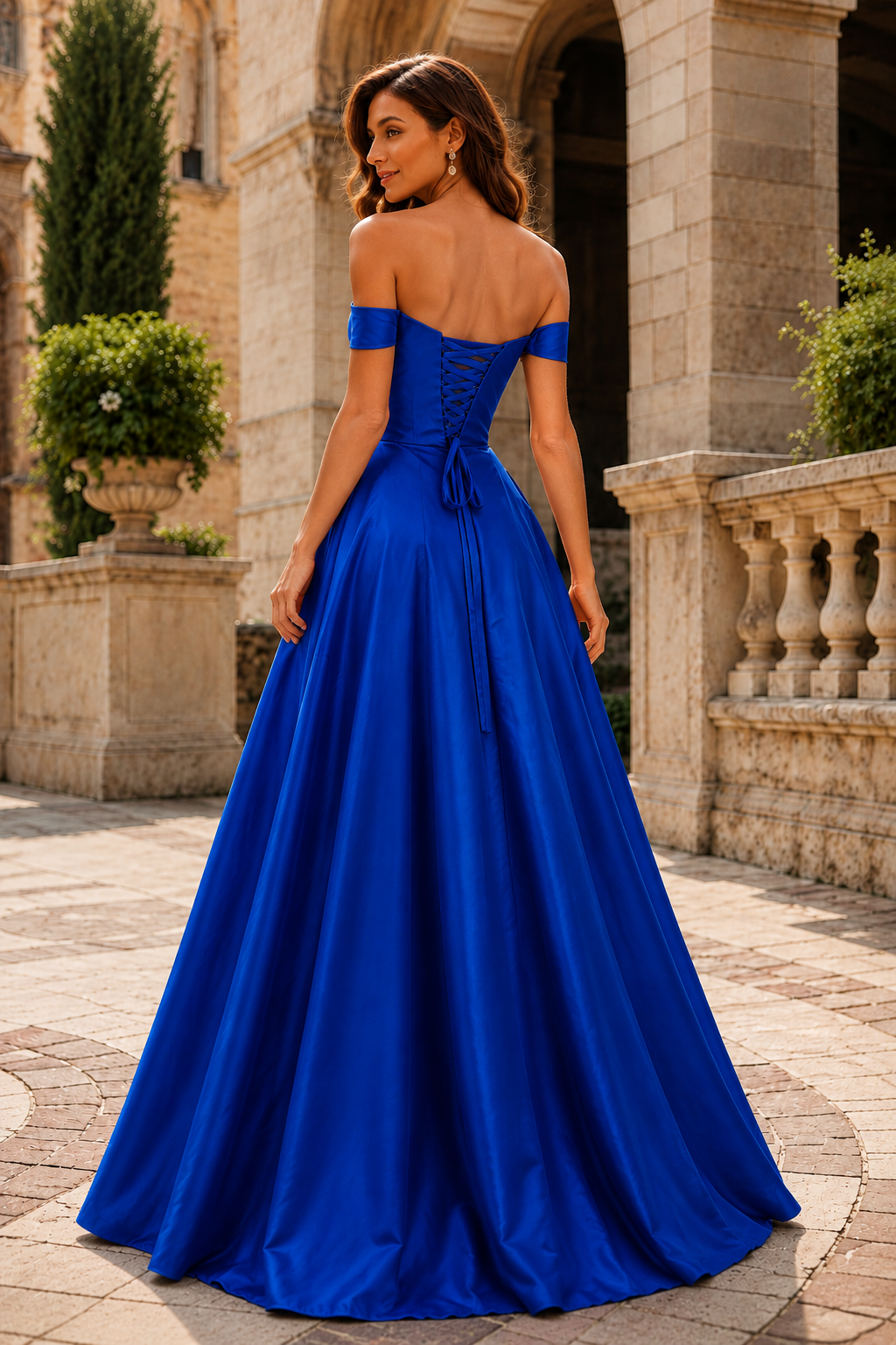 Jorselle Off-the-Shoulder Draped Ball Gown Prom Dress in Royal Blue - back view