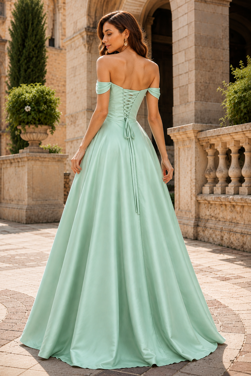 Jorselle Off-the-Shoulder Draped Ball Gown Prom Dress in Sage Green - back view