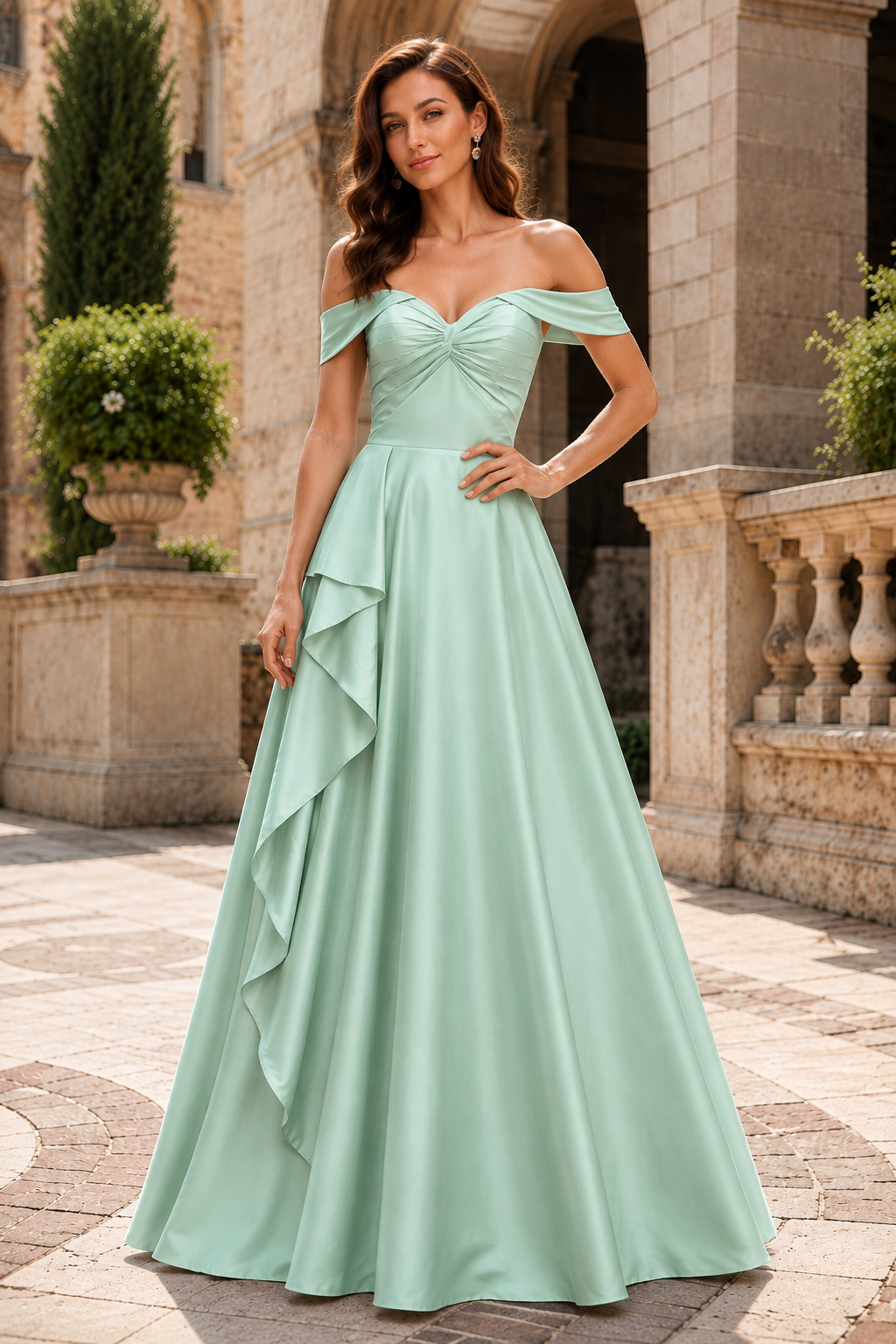 Jorselle Off-the-Shoulder Draped Ball Gown Prom Dress in Sage Green - front view
