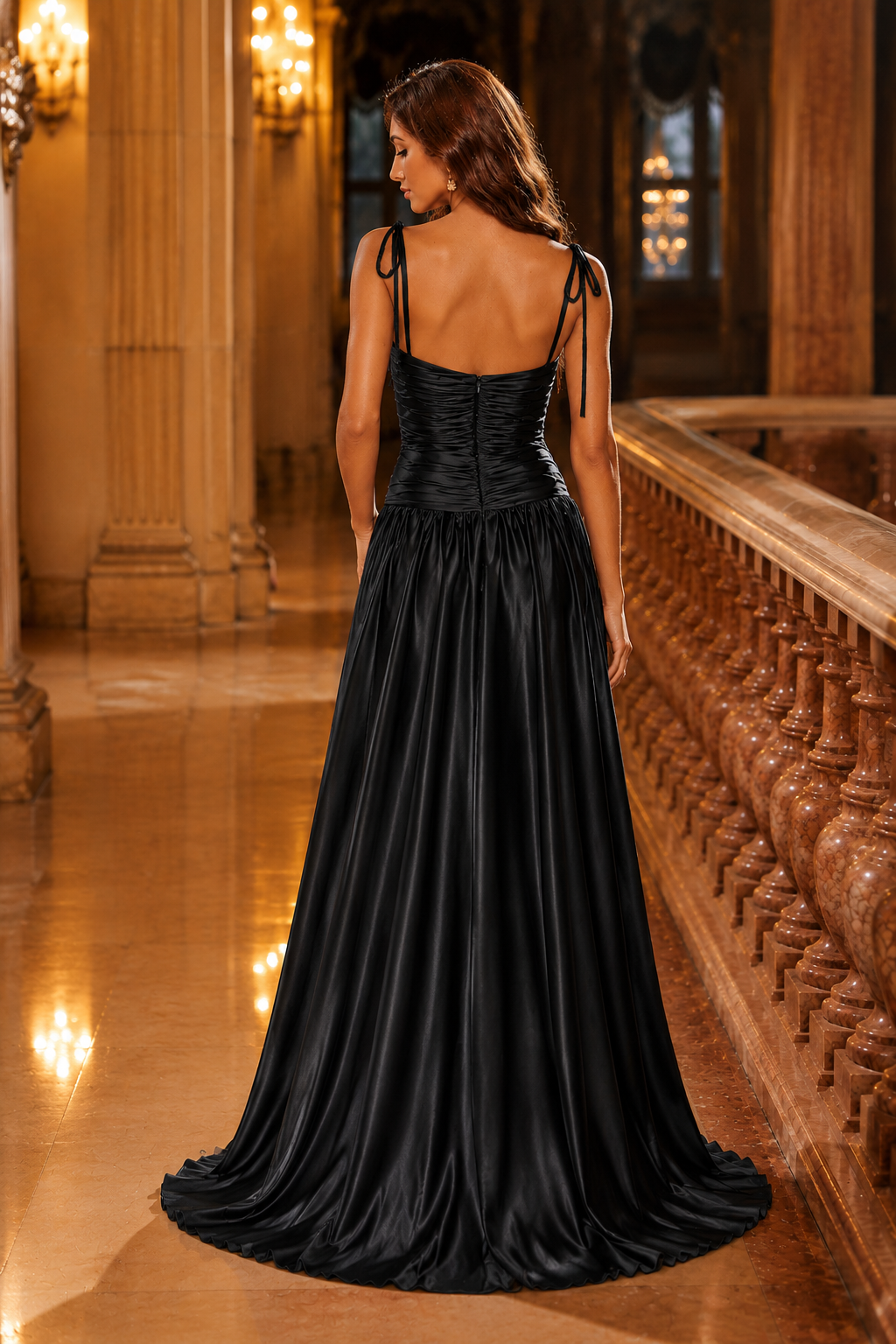 Helvara Spaghetti-Strap Gown with Slit Prom Dress in Black - back view