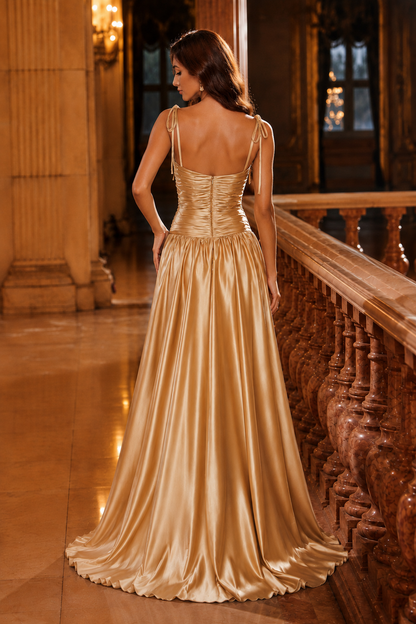 Helvara Spaghetti-Strap Gown with Slit Prom Dress in Champagne - back view