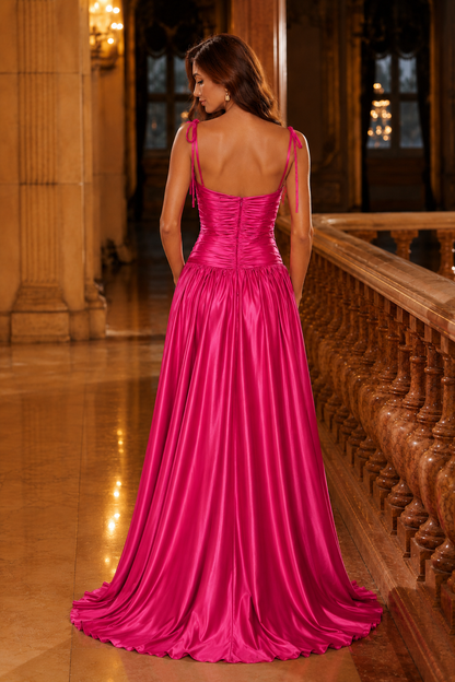 Helvara Spaghetti-Strap Gown with Slit Prom Dress in Hot Pink - back view