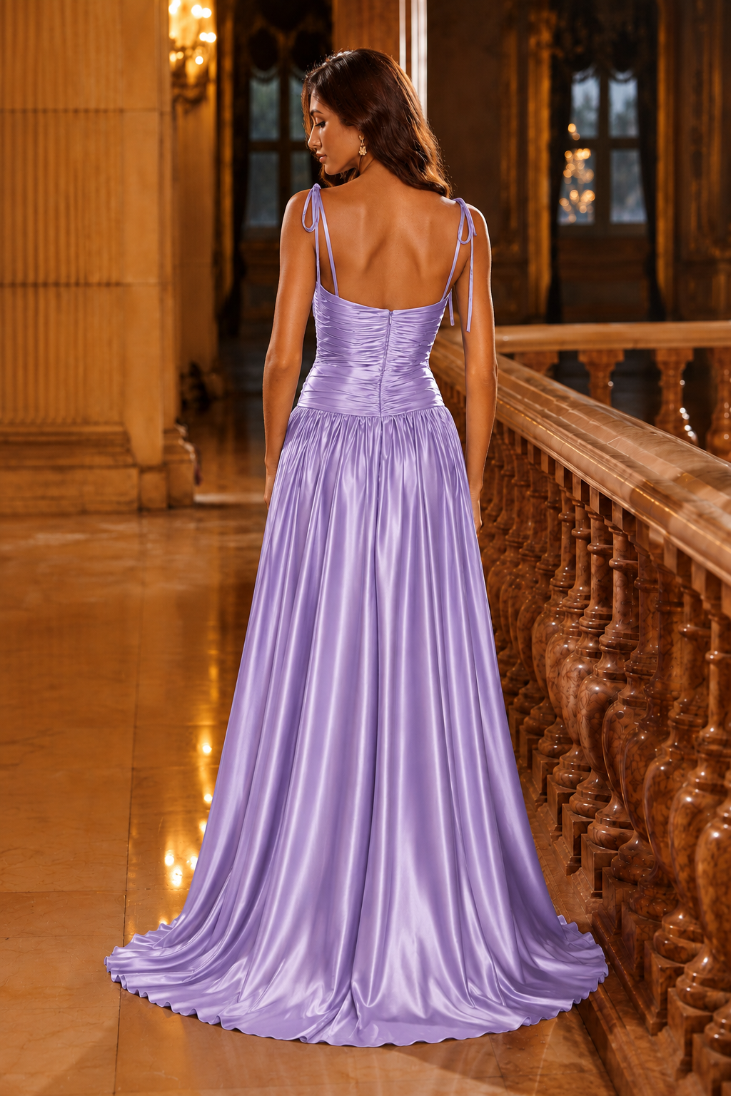Helvara Spaghetti-Strap Gown with Slit Prom Dress in Lavender - back view