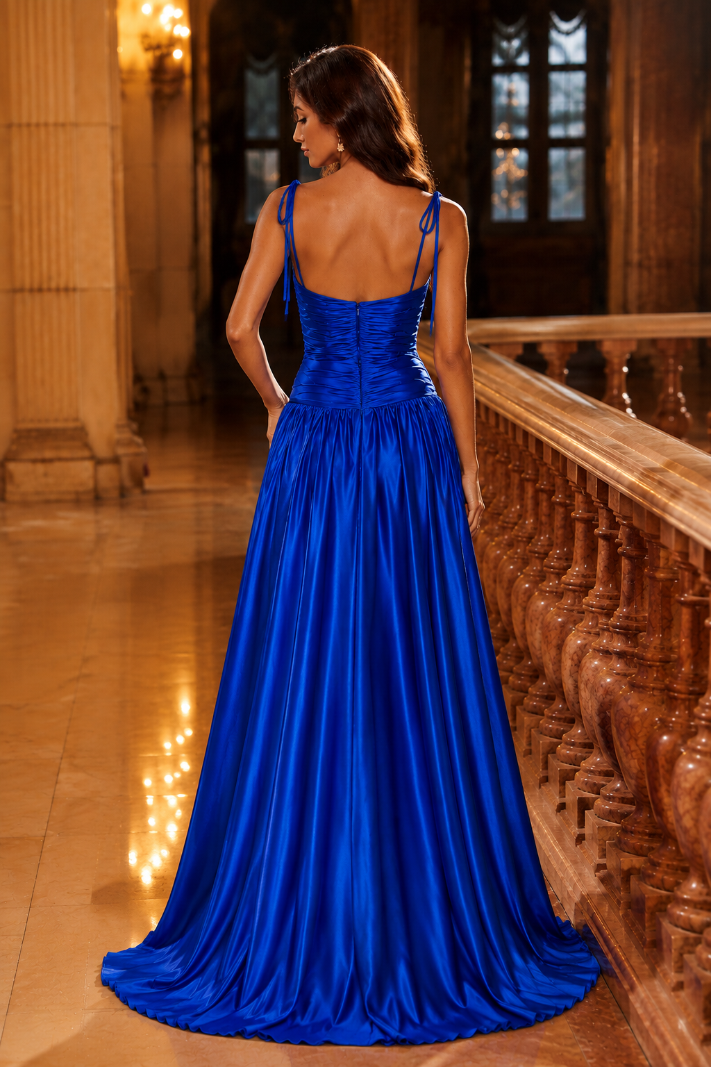 Helvara Spaghetti-Strap Gown with Slit Prom Dress in Royal Blue - back view