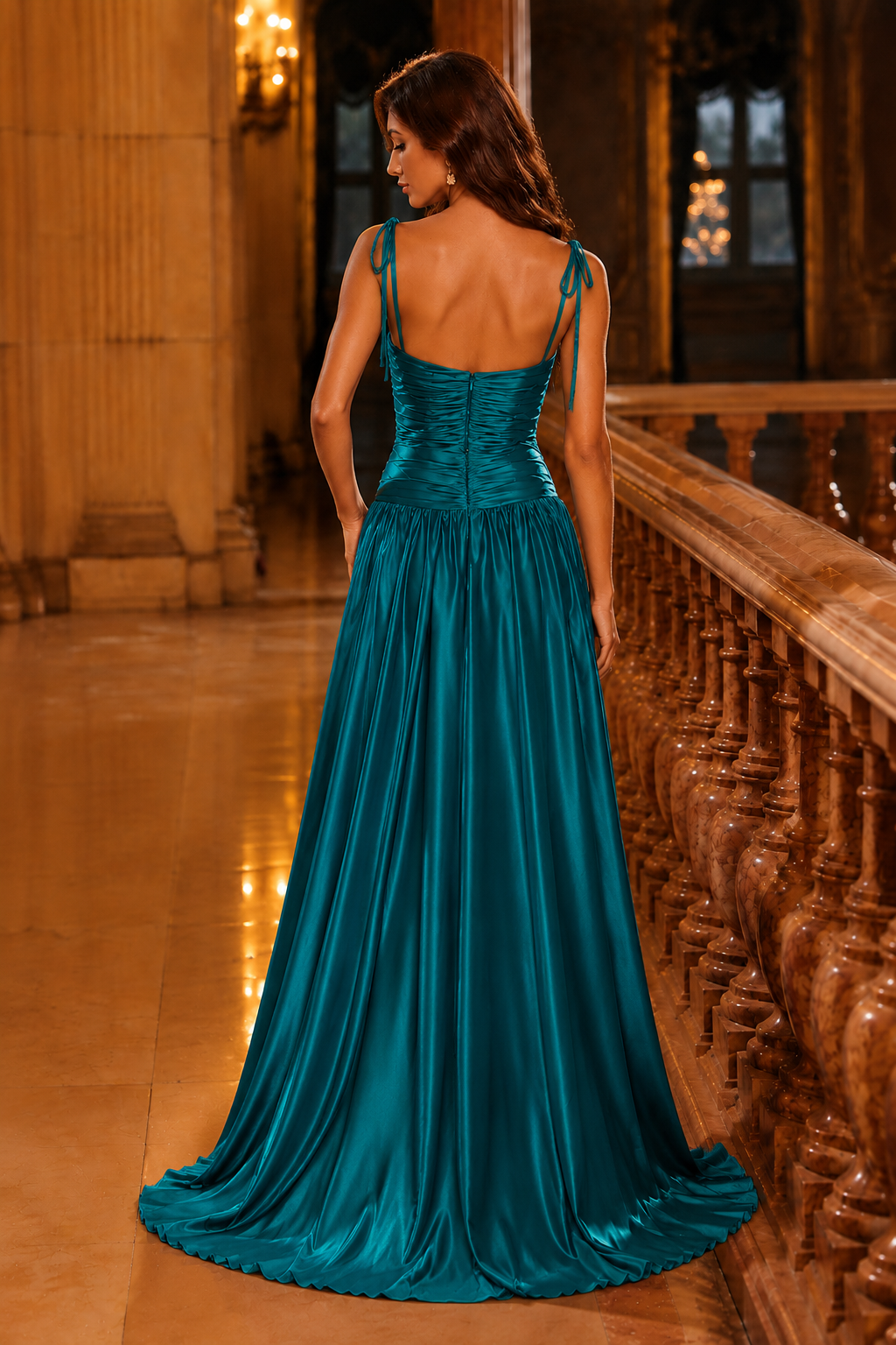 Helvara Spaghetti-Strap Gown with Slit Prom Dress in Teal - back view