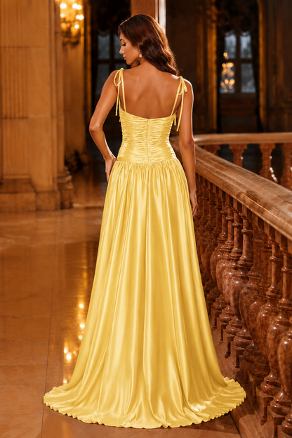 Helvara Spaghetti-Strap Gown with Slit Prom Dress in Yellow - back view