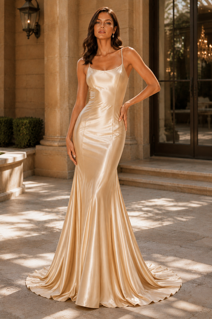 Jorthia Spaghetti-Strap Fitted Gown Prom Dress in Champagne - back view