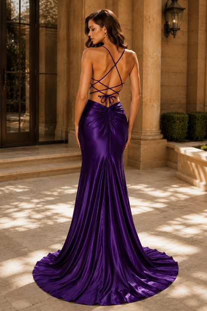 Jorthia Spaghetti-Strap Fitted Gown Prom Dress in Purple - front view