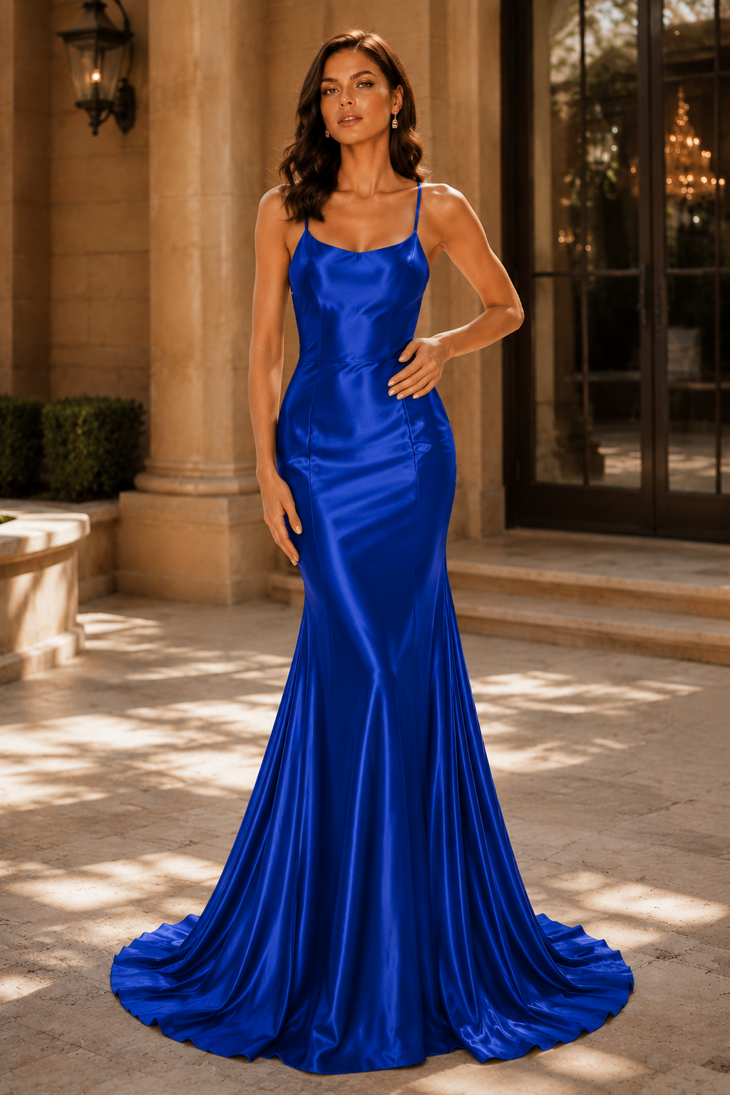 Jorthia Spaghetti-Strap Fitted Gown Prom Dress in Royal Blue - back view