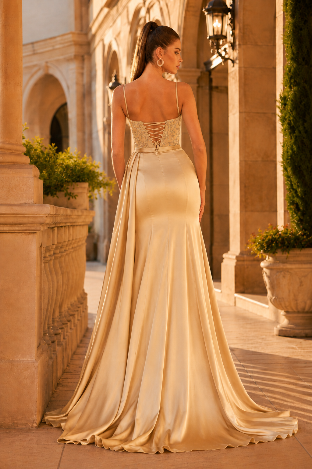 Jorlora Teal Sweetheart Embellished Gown with Slit Prom Dress in Champagne - back view
