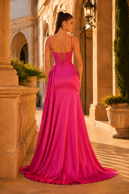 Jorlora Teal Sweetheart Embellished Gown with Slit Prom Dress in Hot Pink - back view