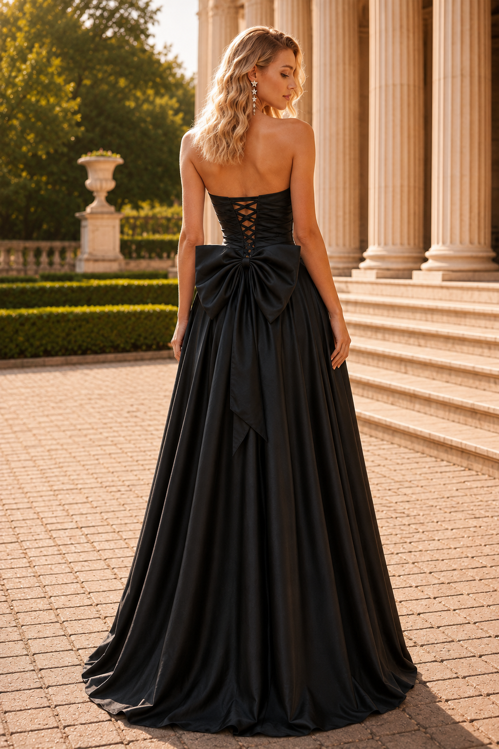 Jorlisse Light Strapless Bow-Detail Gown with Slit Prom Dress in Black - back view