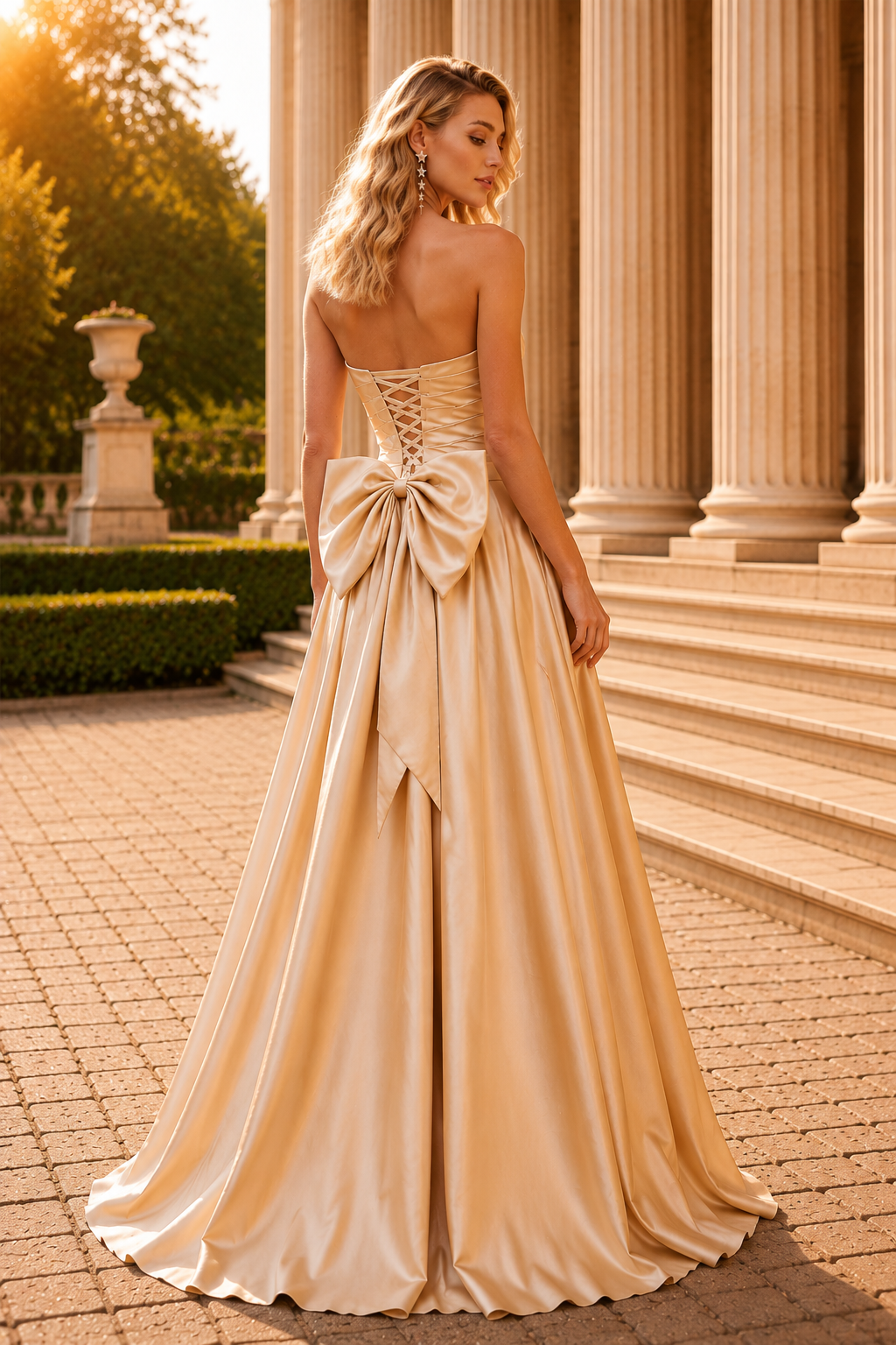 Jorlisse Light Strapless Bow-Detail Gown with Slit Prom Dress in Champagne - back view