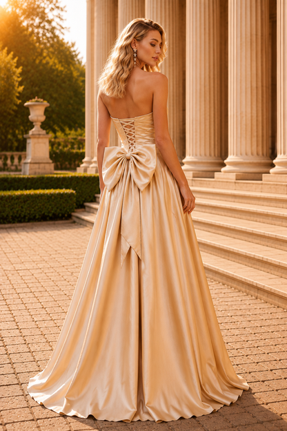 Jorlisse Light Strapless Bow-Detail Gown with Slit Prom Dress in Champagne - back view