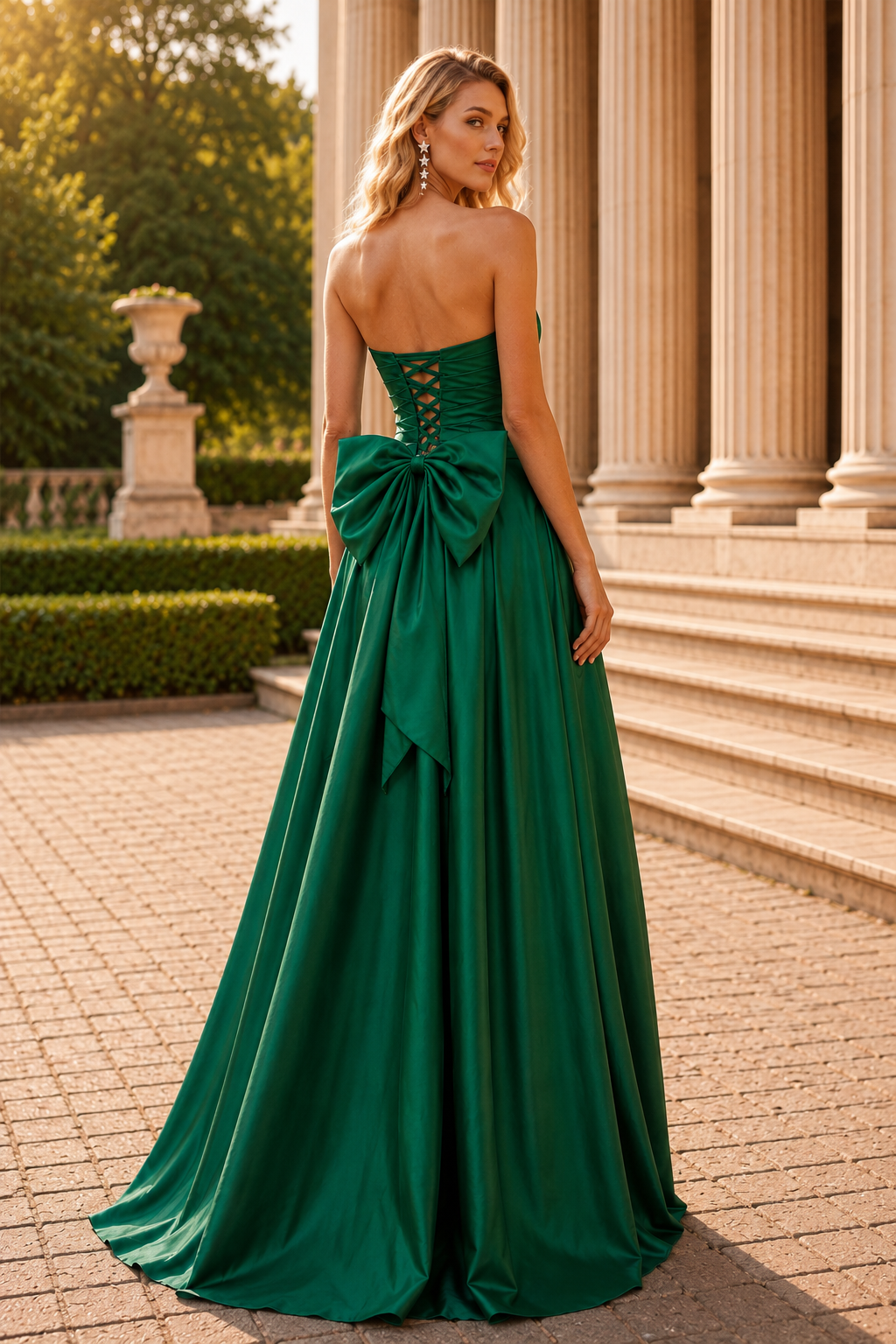 Jorlisse Light Strapless Bow-Detail Gown with Slit Prom Dress in Emerald Green - back view