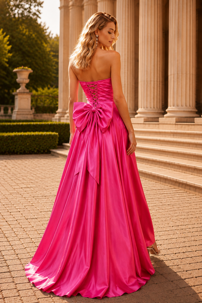 Jorlisse Light Strapless Bow-Detail Gown with Slit Prom Dress in Hot Pink - back view